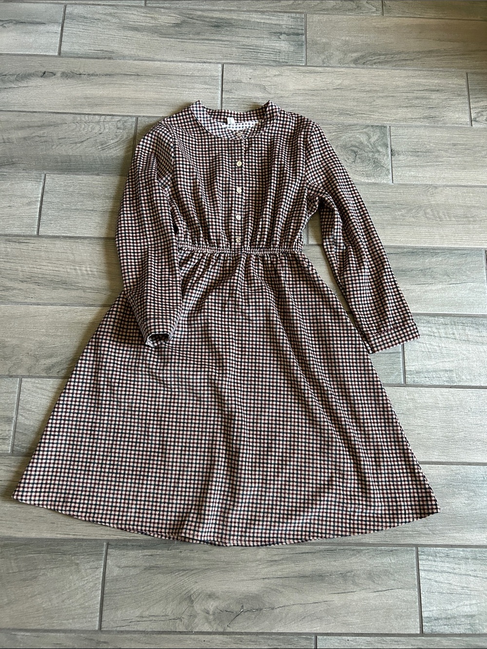 GOUGOU Brown and White Gingham Long Sleeve Midi Dress with Buttons
